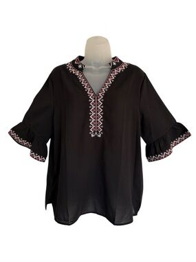 LEANI Black Embroidered V-Neck 3/4 Sleeve Tunic Top Size Large